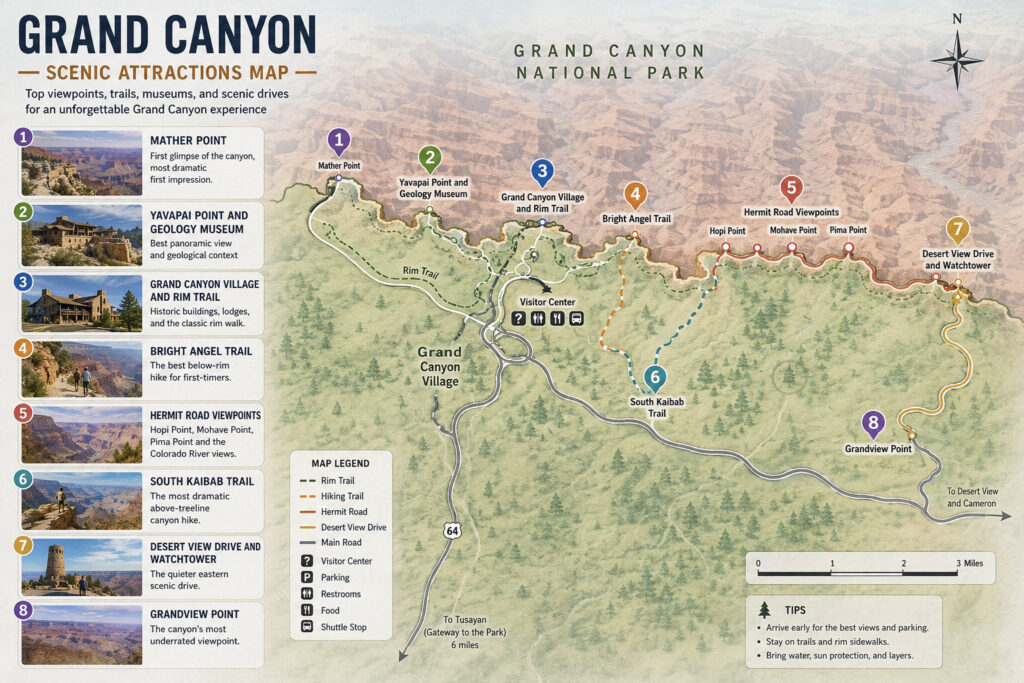 Grand Canyon South Rim Guide Grand Canyon Scenic Attractions map