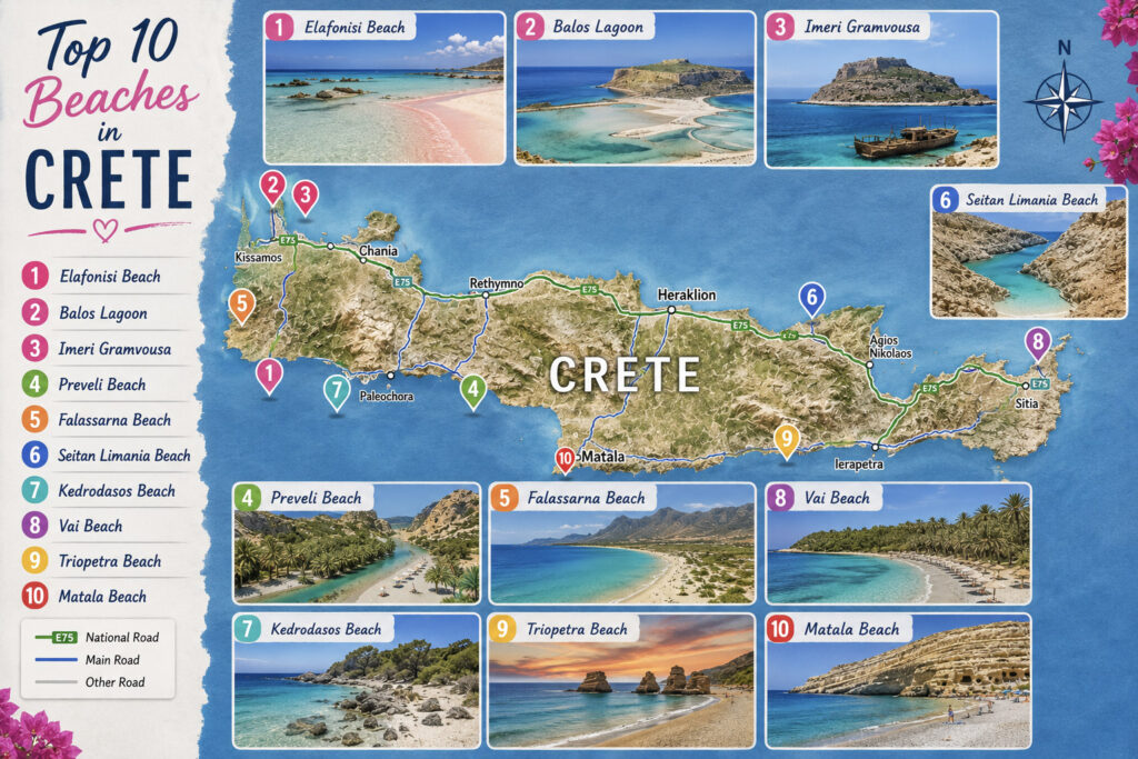 Best 10 Beaches in Crete, Greece map crete