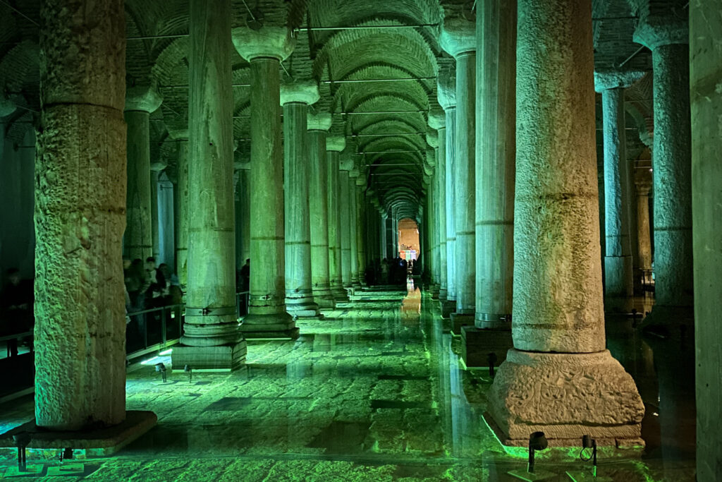 3 Days in Istanbul, Turkey Vibrant green light illuminating the historic stone columns inside the Basilica Cistern in Istanbul Turkey