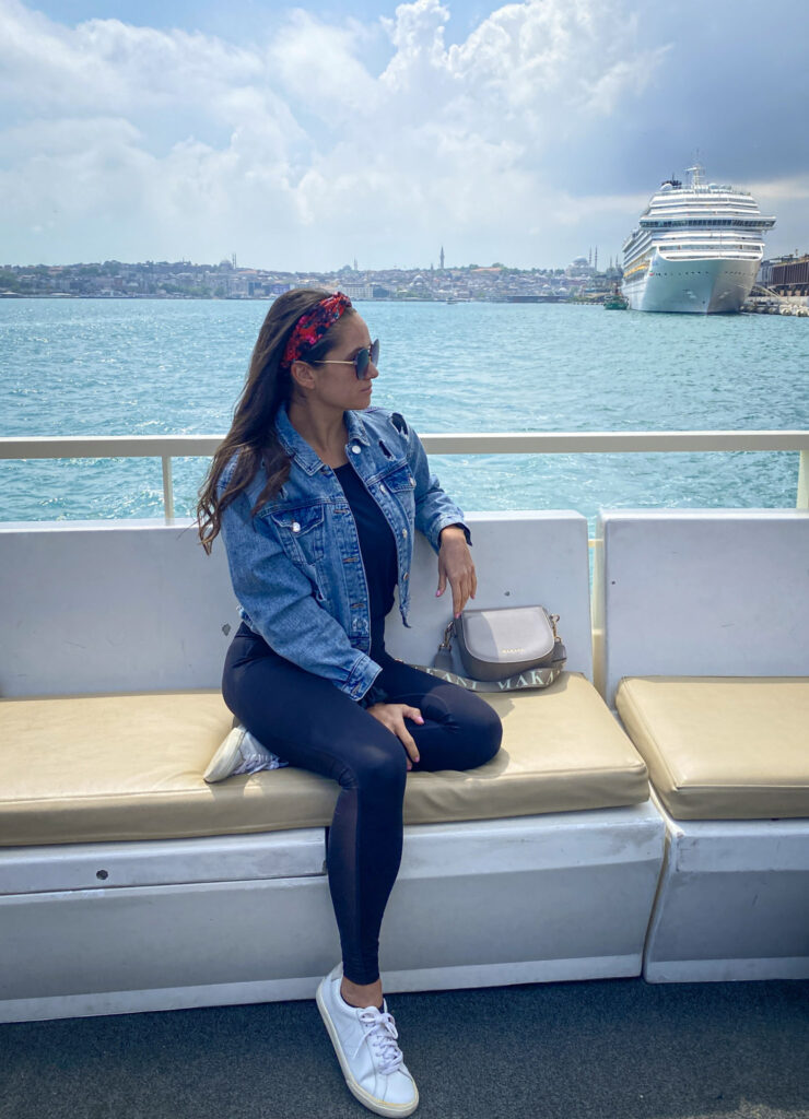 3 Days in Istanbul, Turkey Jet Lag Jelly creator on an Istanbul ferry boat cruise with a cruise ship in the background