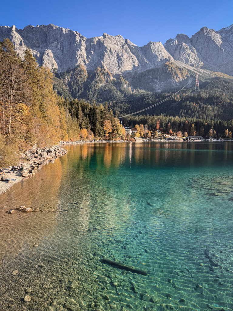 3 Days in Bavaria, Germany Crystal clear turquoise waters of Lake Eibsee below the rugged Zugspitze mountains in Bavaria Germany