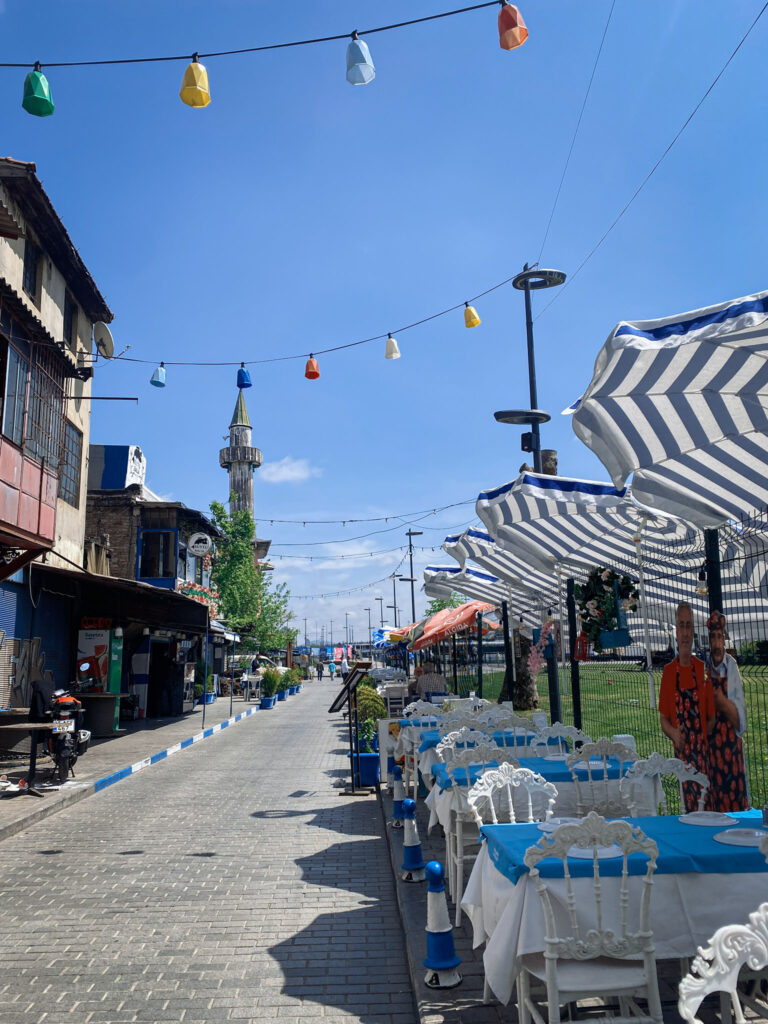 3 Days in Istanbul, Turkey Waterfront seafood restaurants with blue and white tables near Galata Bridge in Eminonu Istanbul