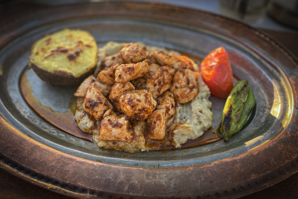 3 Days in Istanbul, Turkey Grilled chicken over eggplant puree with roasted vegetables, Istanbul