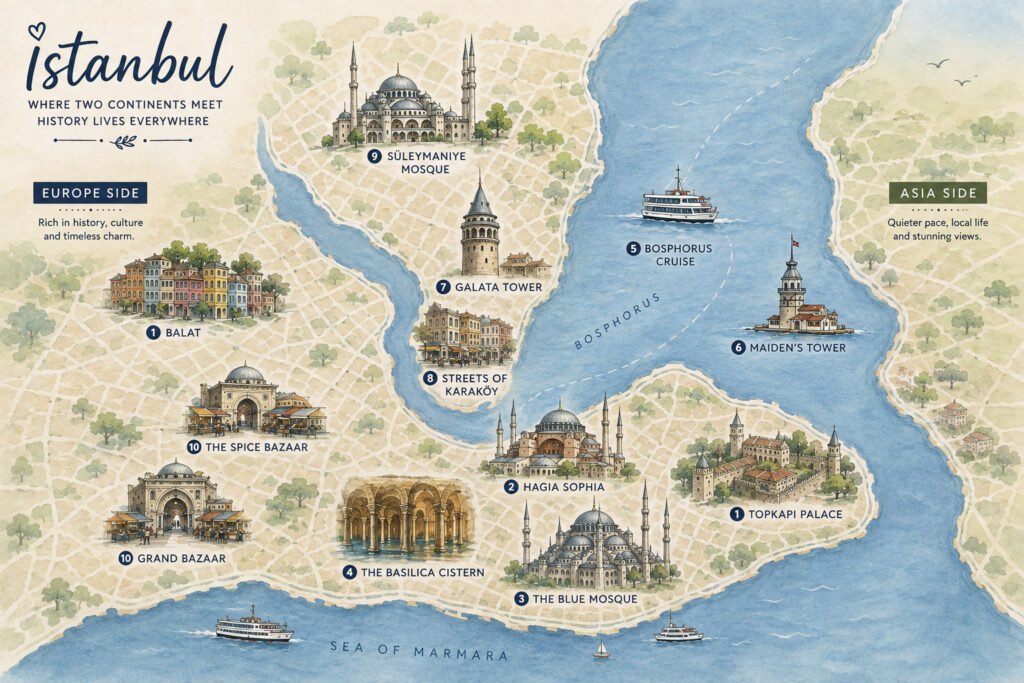 3 Days in Istanbul, Turkey Istanbul Itinerary Map, top ten places