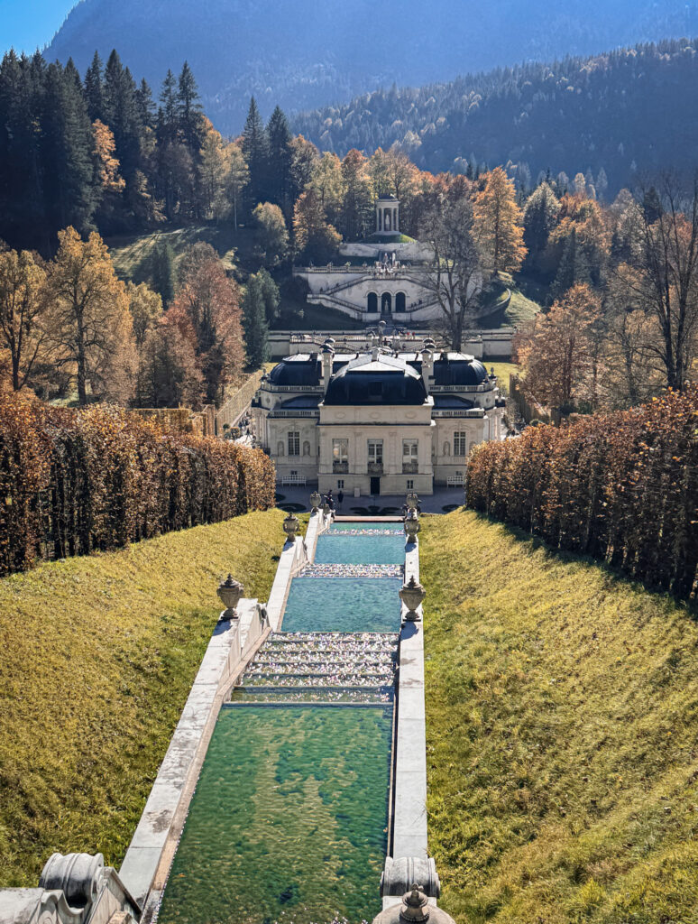 3 Days in Bavaria, Germany Symmetric view of Linderhof Palace and the terraced water cascade during autumn in Ettal Germany
