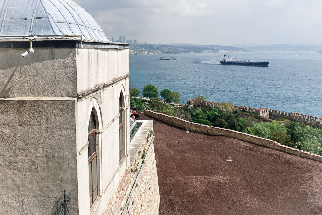 3 Days in Istanbul, Turkey Bosphorus Strait view with a cargo ship from the Topkapi Palace terrace in Istanbul Turkey