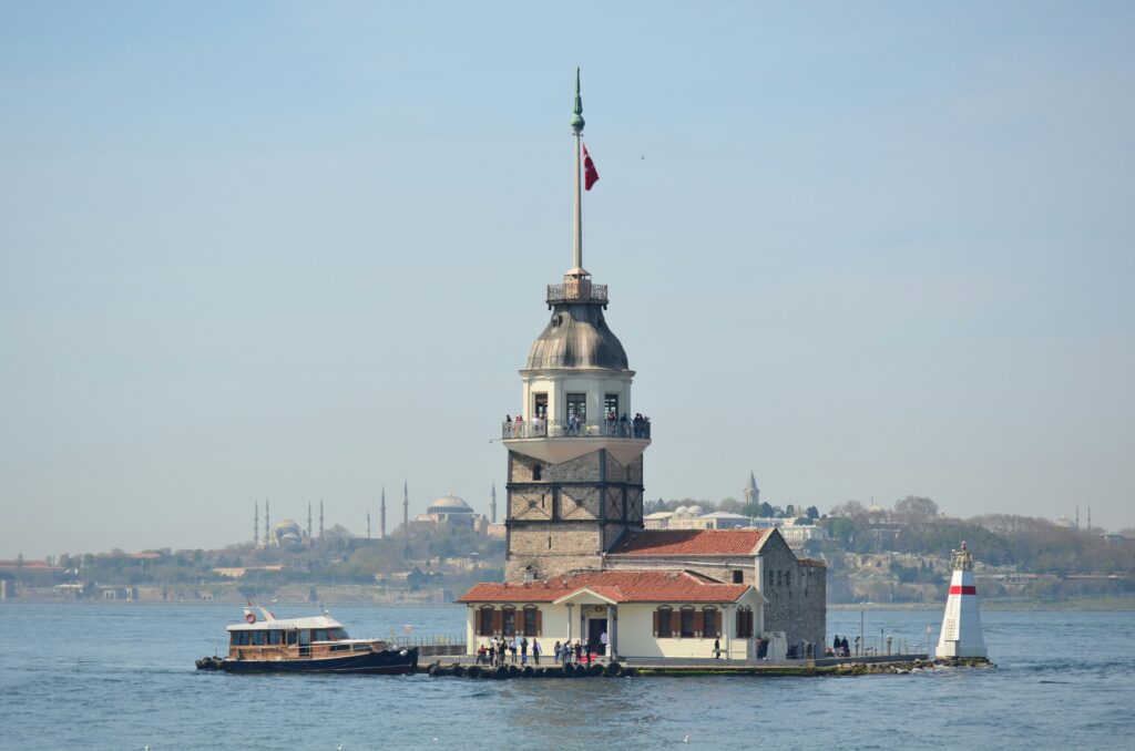 3 Days in Istanbul, Turkey The historic Maiden's Tower Kiz Kulesi on a small island in the Bosphorus Strait Istanbul Turkey