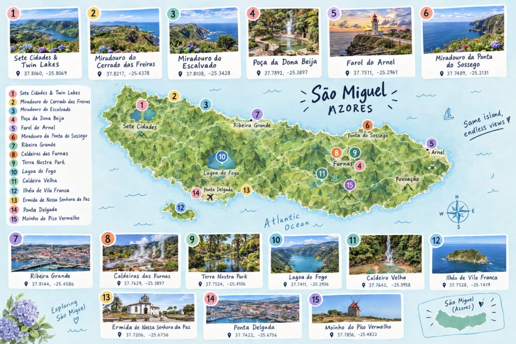 Top Things to Do in São Miguel, Azores An illustrated travel guide map of São Miguel Island, Azores, featuring 15 top attractions with GPS coordinates, including Sete Cidades, Lagoa do Fogo, Furnas hot springs, and coastal viewpoints.