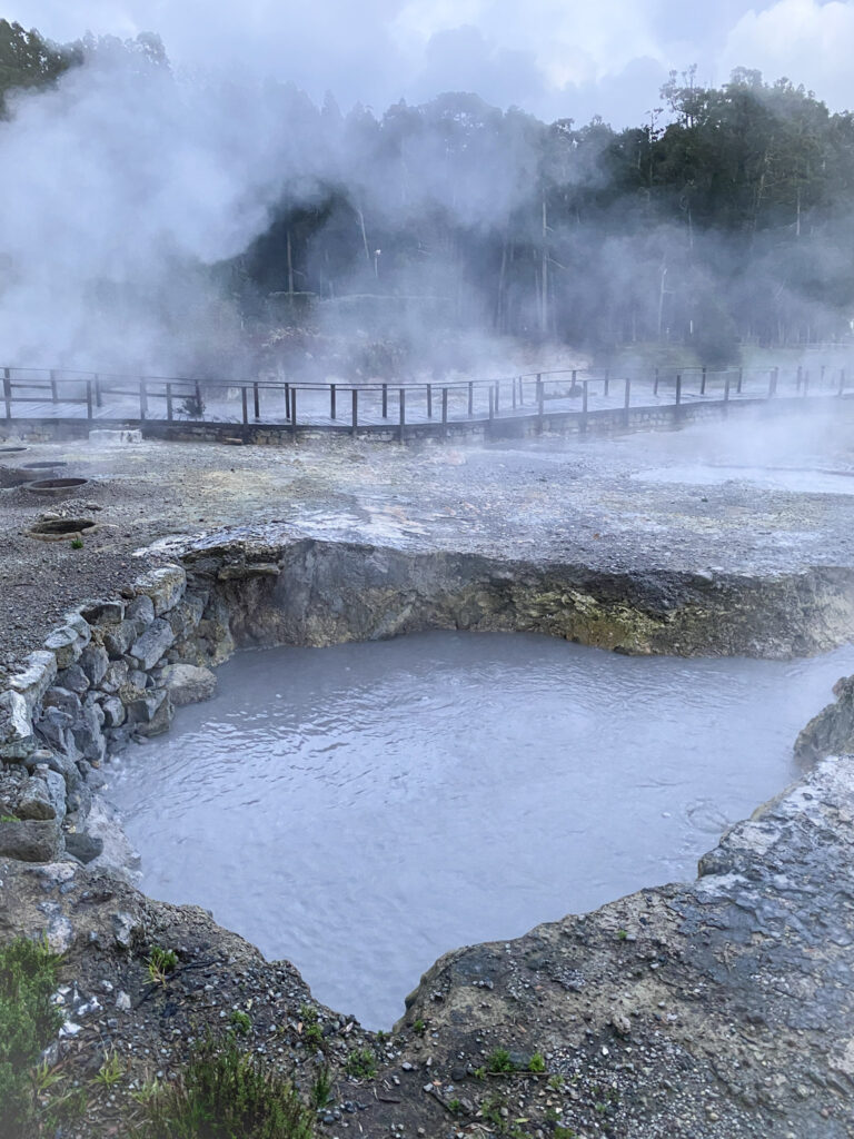 Top Things to Do in São Miguel, Azores Steaming thermal vents and mud pools sitting in front of a steep, tree-covered mountain in the Azores.