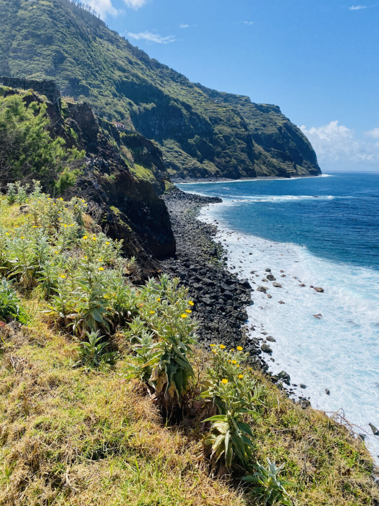 Madeira Travel Guide Towering green volcanic cliffs meeting a rocky beach and crashing ocean waves at Fajã da Quebrada Nova in Ponta do Pargo, Madeira.